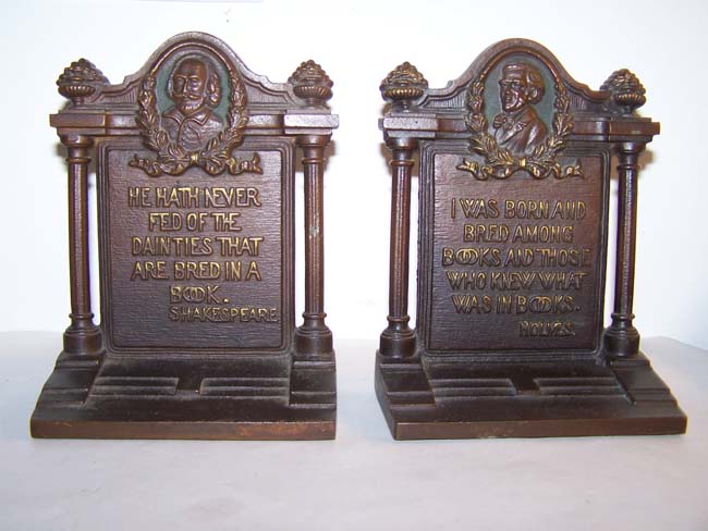 A fine Pair of Antique Bookends by Bradley & Hubbard circa 1920 with quotes by Shakespeare and Oliver Wendell Holmes.